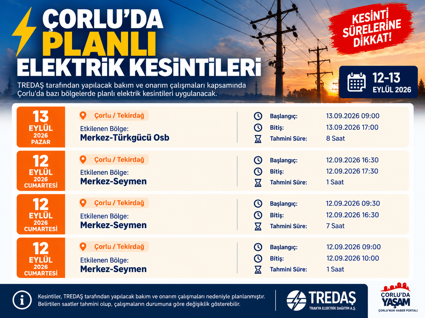 ⚡ Çorlu’da 12-13 Eylül’de Planlı Elektrik Kesintileri