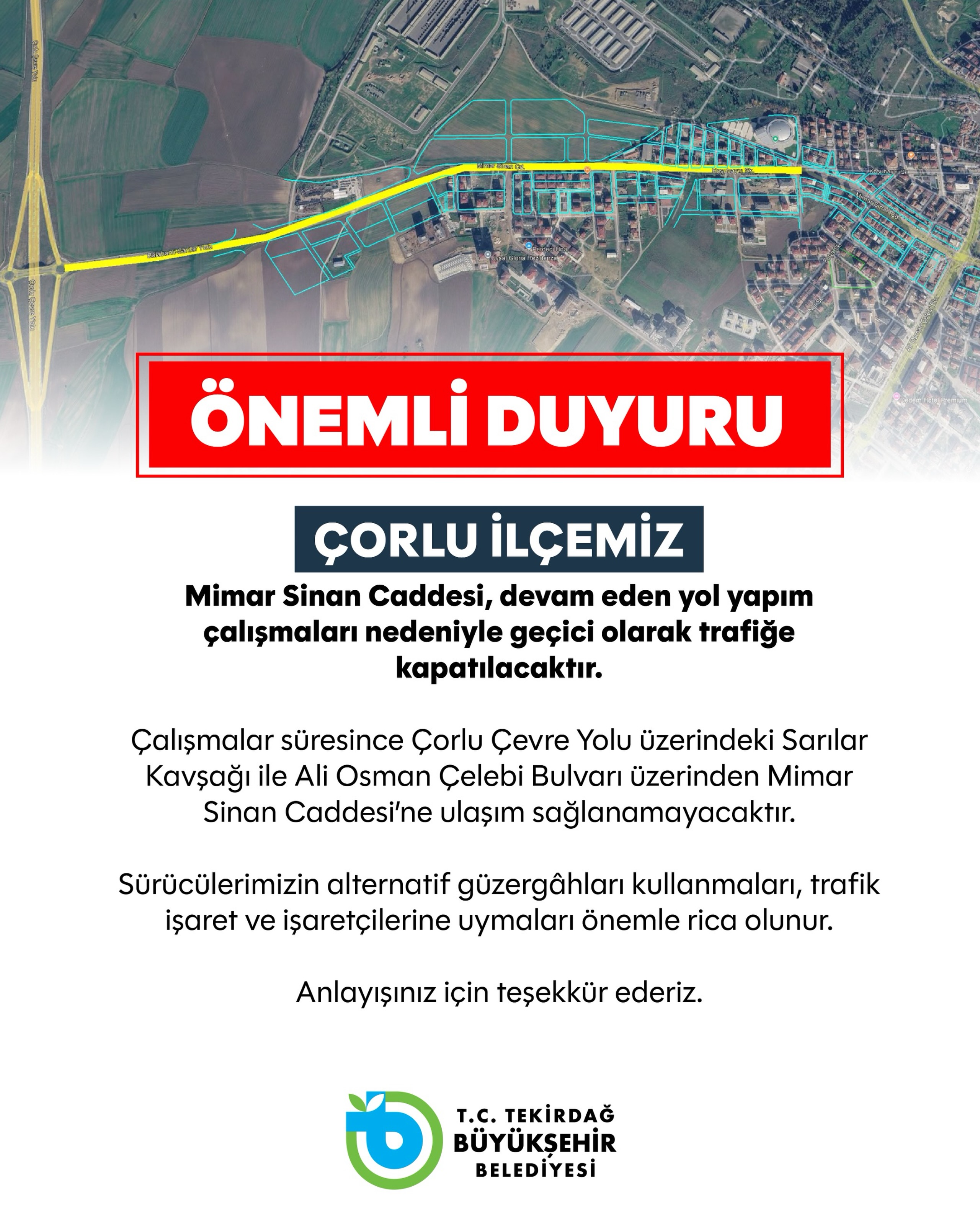 Mimar Sinan Caddesi Geçici Olarak Trafiğe Kapatılacak