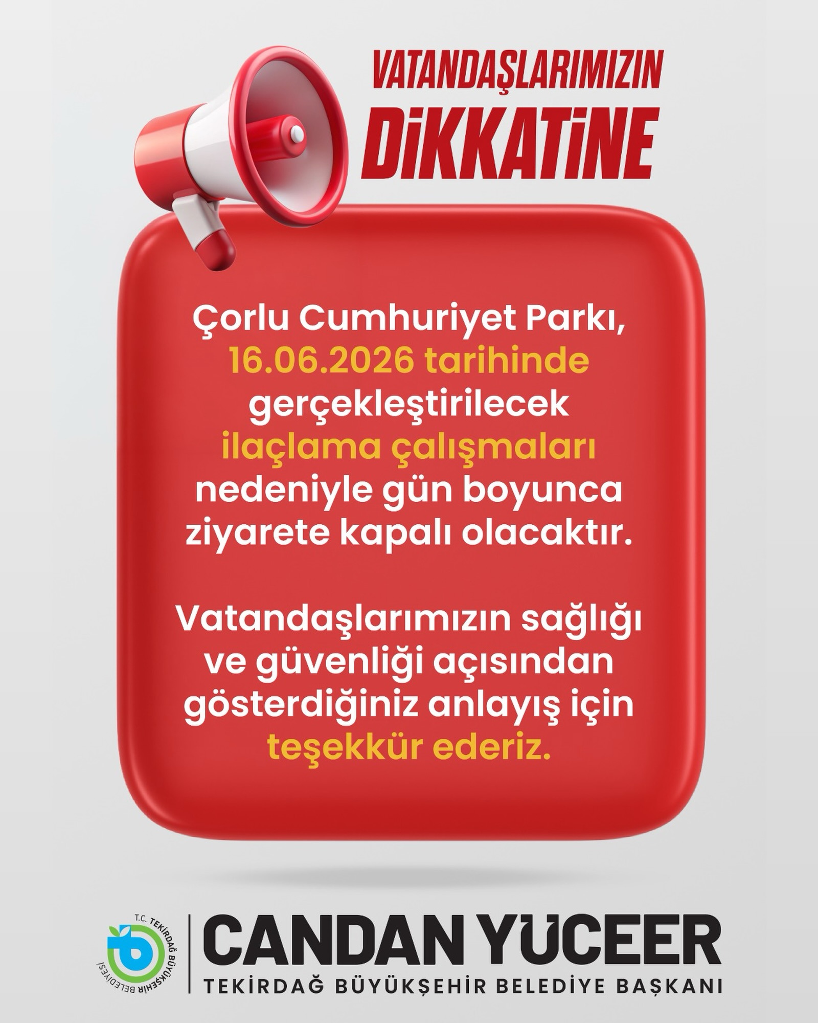 Çorlu Cumhuriyet Parkı 16 Haziran'da İlaçlama Nedeniyle Ziyarete Kapatılacak