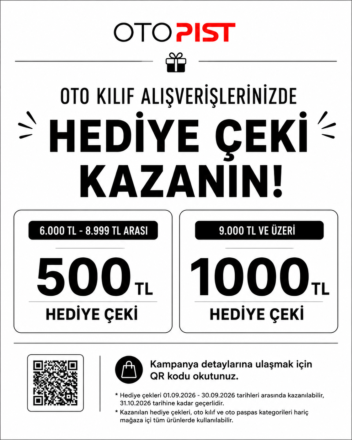 OTOPİST Oto Aksesuar'da 500 TL ve 1000 TL Hediye Çeki
