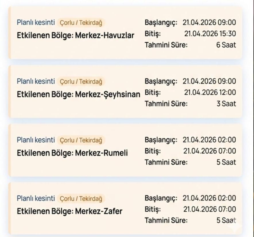 Çorlu’da 21 Nisan Salı Günü Geniş Kapsamlı Elektrik Kesintisi