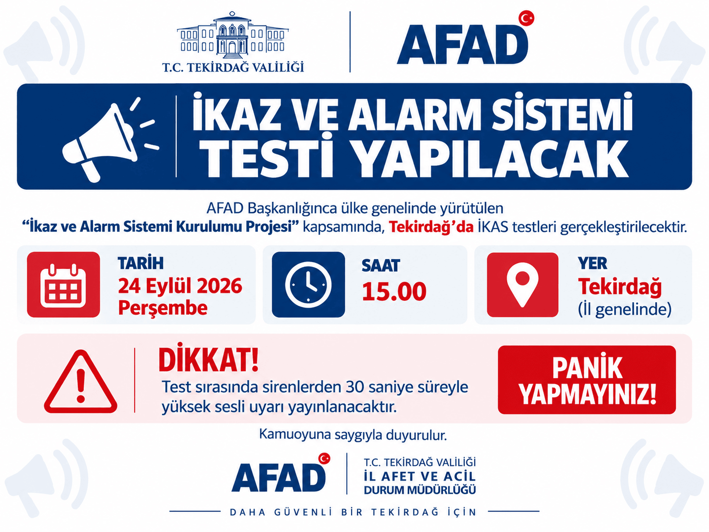 Tekirdağ’da İkaz ve Alarm Sistemi Testi 24 Eylül’de