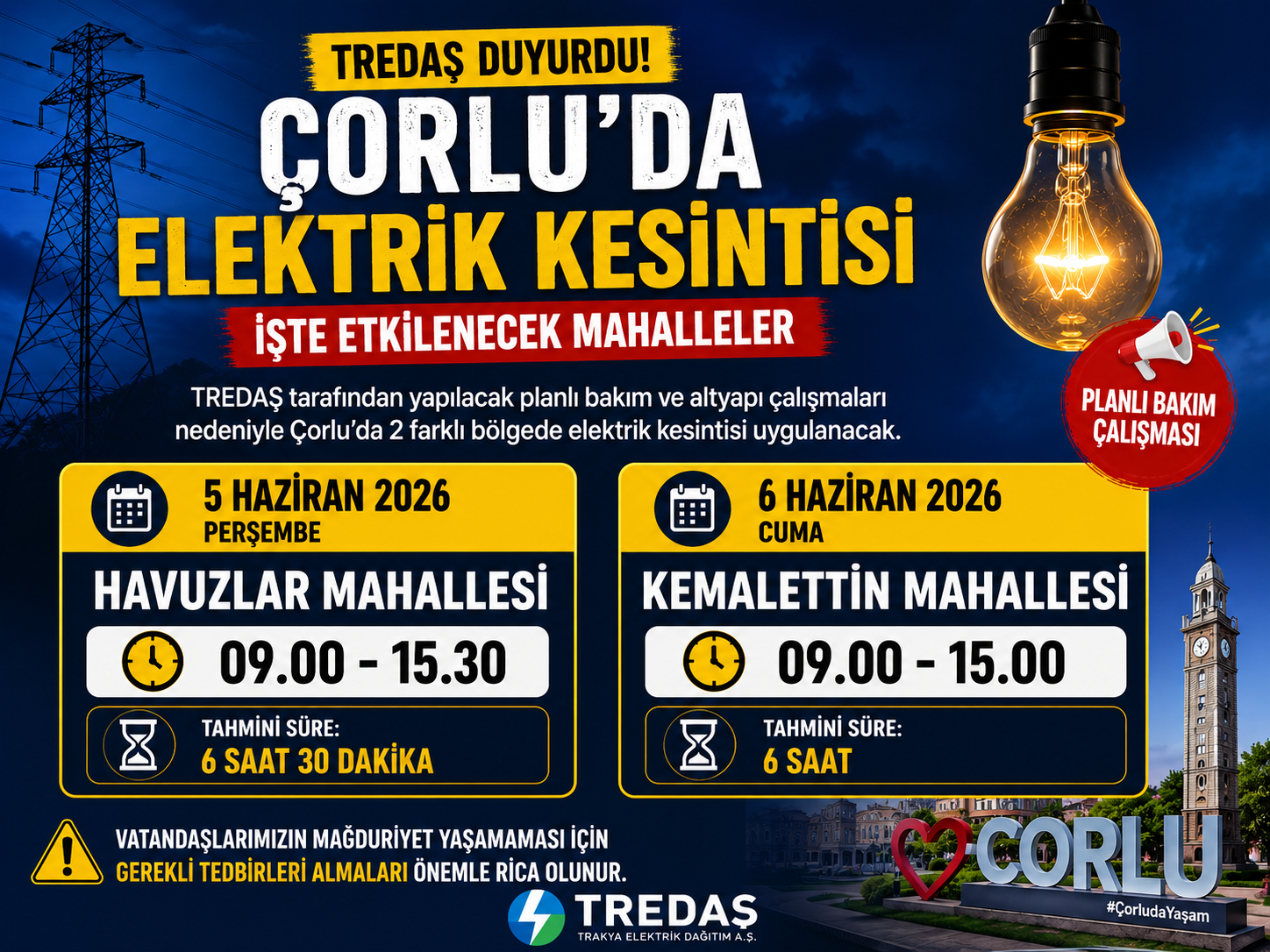 Çorlu’da Elektrik Kesintisi: Havuzlar ve Kemalettin Mahalleleri Dikkat!