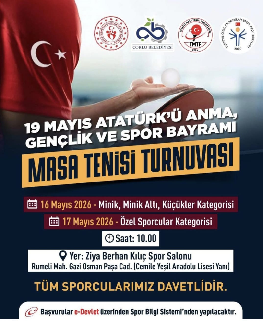 Çorlu’da 19 Mayıs Coşkusu Masa Tenisi Turnuvası ile Yaşanacak